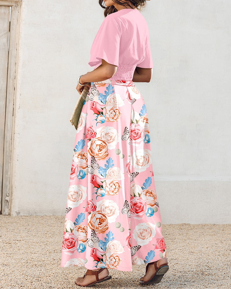 2 Pieces Outfit Plain V Neck Short Sleeve Ruched Top and Casual Floral Print Wide Leg Pants Set
