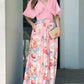 2 Pieces Outfit Plain V Neck Short Sleeve Ruched Top and Casual Floral Print Wide Leg Pants Set