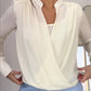 Stand Collar Overlap Draped Front Slit Hem Blouse Casual Faux Two Piece Chiffon Top