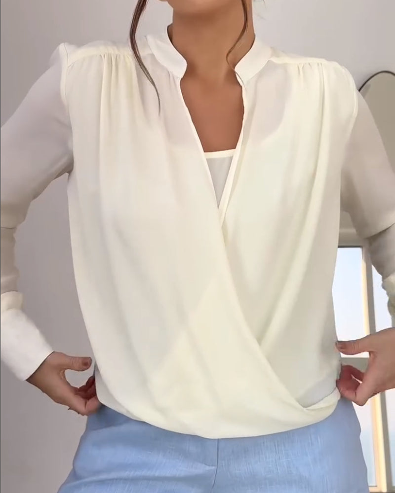 Stand Collar Overlap Draped Front Slit Hem Blouse Casual Faux Two Piece Chiffon Top