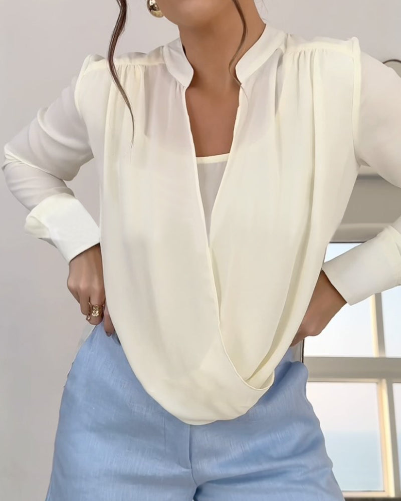 Stand Collar Overlap Draped Front Slit Hem Blouse Casual Faux Two Piece Chiffon Top