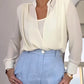 Stand Collar Overlap Draped Front Slit Hem Blouse Casual Faux Two Piece Chiffon Top