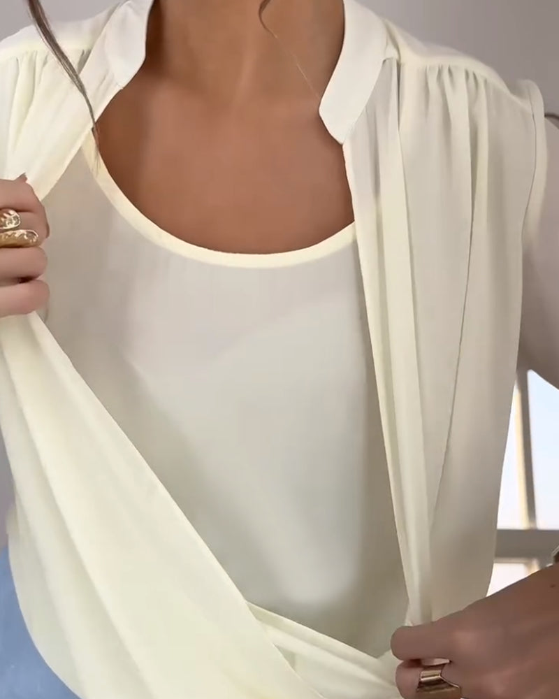 Stand Collar Overlap Draped Front Slit Hem Blouse Casual Faux Two Piece Chiffon Top