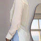 Stand Collar Overlap Draped Front Slit Hem Blouse Casual Faux Two Piece Chiffon Top