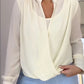 Stand Collar Overlap Draped Front Slit Hem Blouse Casual Faux Two Piece Chiffon Top