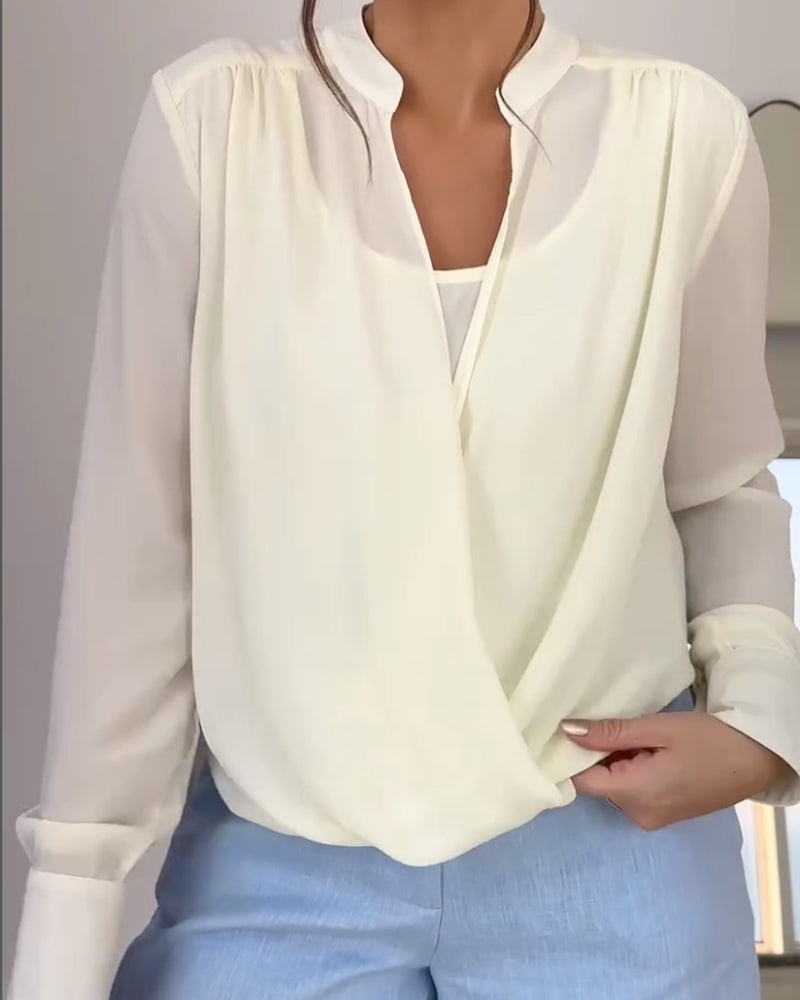 Stand Collar Overlap Draped Front Slit Hem Blouse Casual Faux Two Piece Chiffon Top