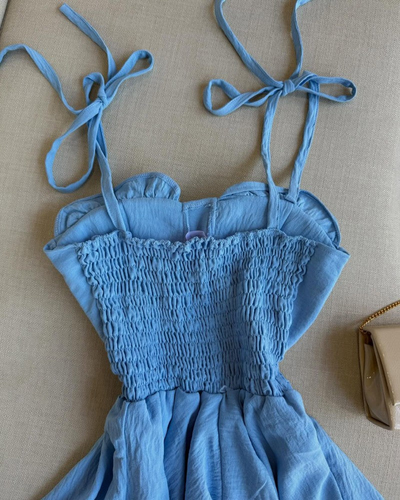 Plain Ruffles Shoulder Strap Square Neck Dress Romper Casual Shirred Waist Tied Detail Layered Short Jumpsuit