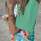 Green Floral Print Eyelet Embroidered Short Sleeve Crew Neck Top