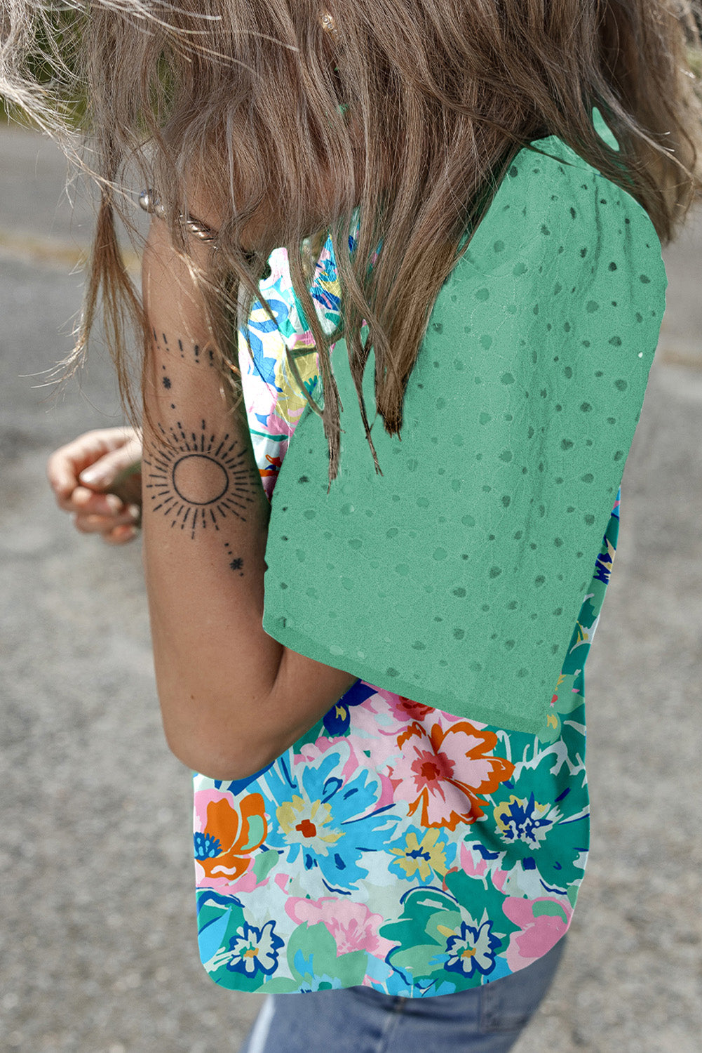 Green Floral Print Eyelet Embroidered Short Sleeve Crew Neck Top
