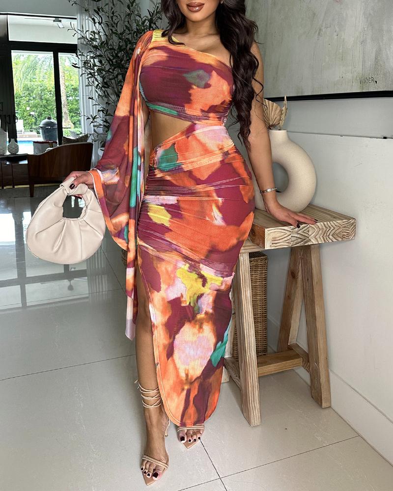 Tie Dye Print One Shoulder Bell Sleeve Bodycon Dress Casual Slim Fit Slit Maxi Dress