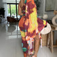Tie Dye Print One Shoulder Bell Sleeve Bodycon Dress Casual Slim Fit Slit Maxi Dress