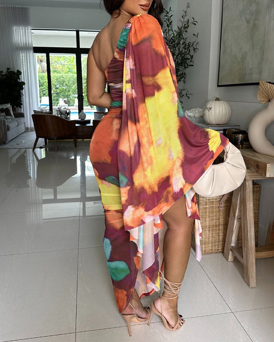 Tie Dye Print One Shoulder Bell Sleeve Bodycon Dress Casual Slim Fit Slit Maxi Dress