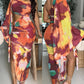 Tie Dye Print One Shoulder Bell Sleeve Bodycon Dress Casual Slim Fit Slit Maxi Dress