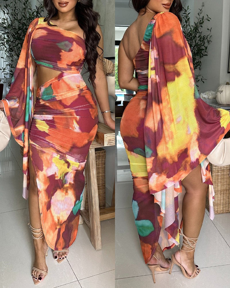 Tie Dye Print One Shoulder Bell Sleeve Bodycon Dress Casual Slim Fit Slit Maxi Dress