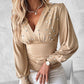 V Neck Long Sleeve Casual Pearls Dec Cinch Blouse