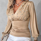 V Neck Long Sleeve Casual Pearls Dec Cinch Blouse