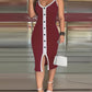 Contrast Paneled Button Decor Sleeveless Midi Dress