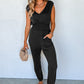 Black Shirred High Waist Sleeveless V Neck Jumpsuit