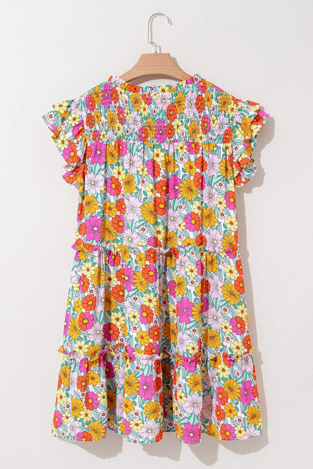 Sky Blue Floral Print Smocked Notch V Neck Flutter Sleeve Mini Dress