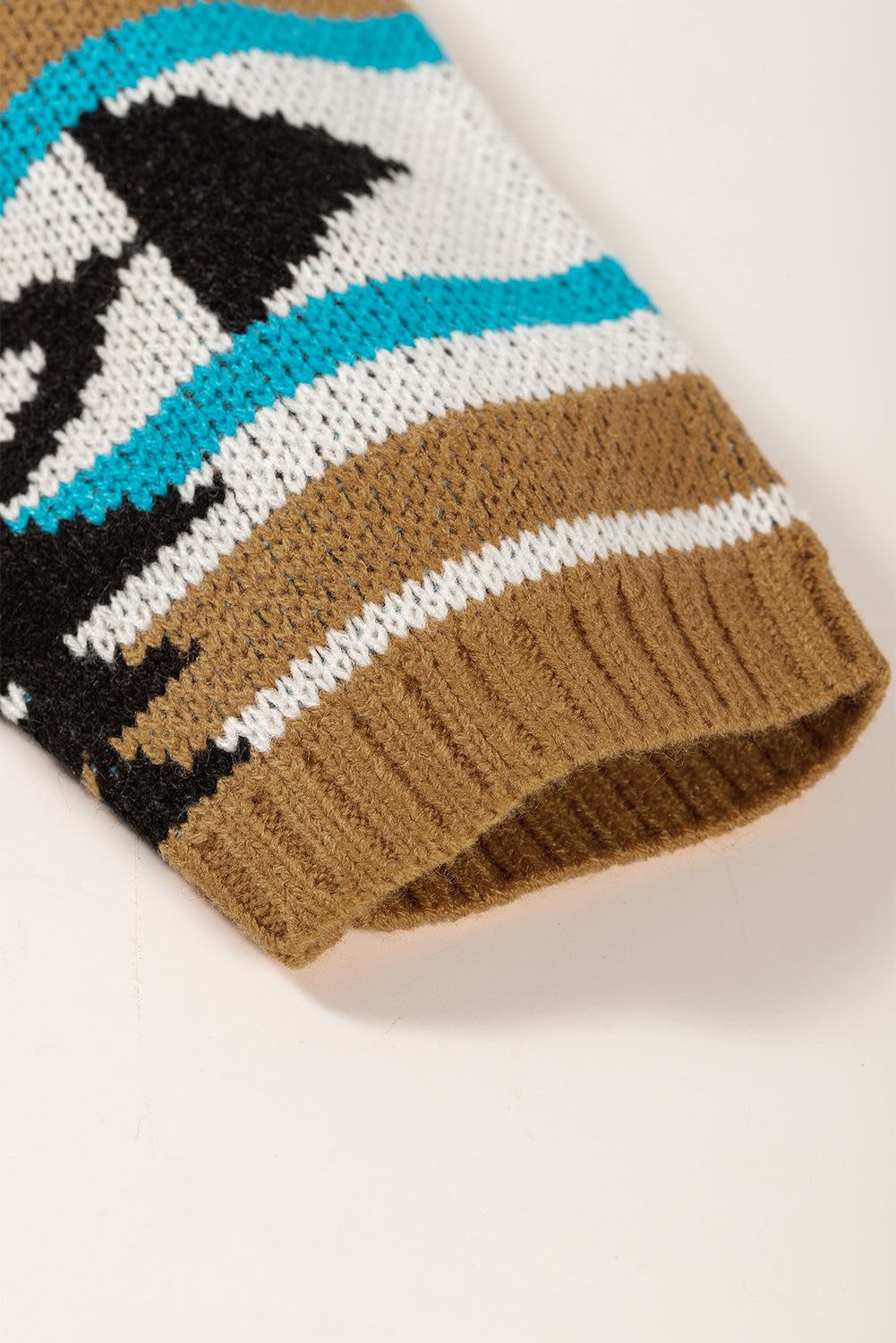 Brown Aztec Striped Knit Ribbed Trim Sweater