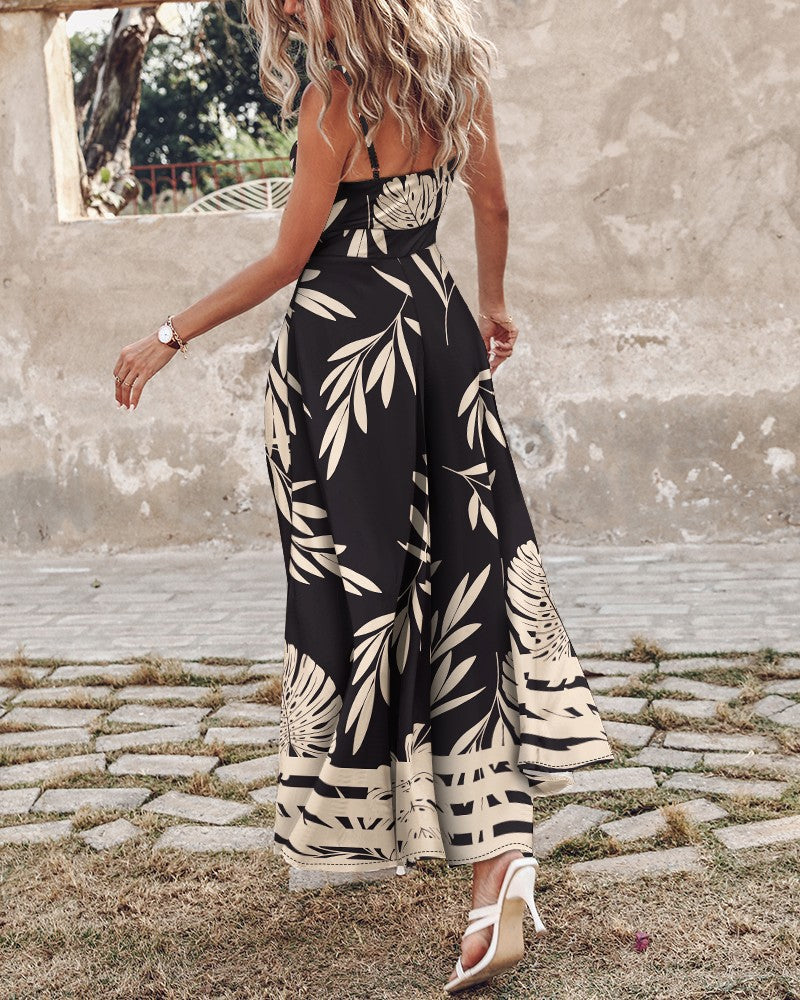 Striped Tropical Print Slit Maxi Dress