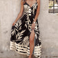 Striped Tropical Print Slit Maxi Dress
