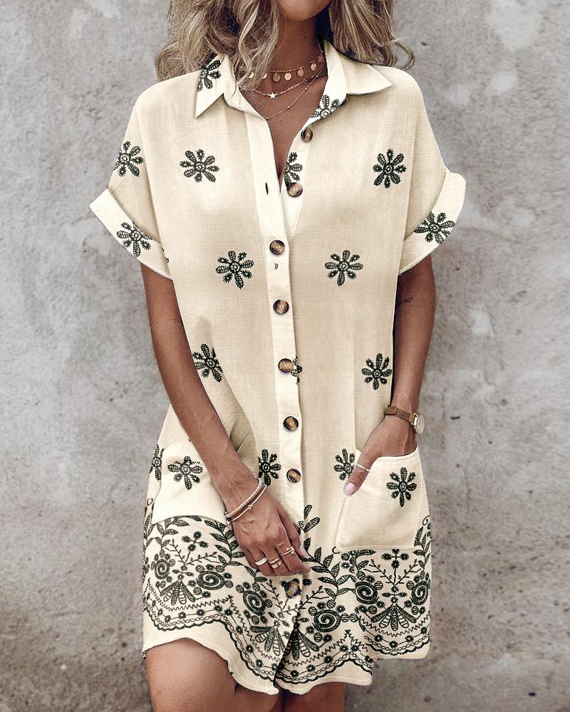 Turn down Collar Short Sleeve Dress Casual Button Dress with Pocket