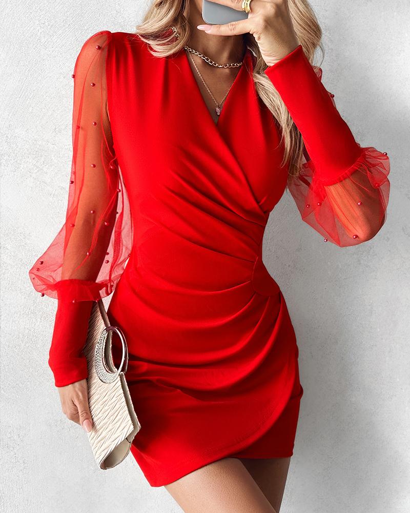 Sheer Mesh Ruched Beaded Party Dress