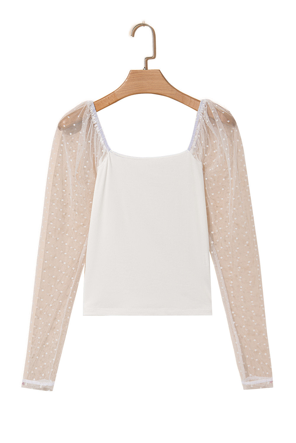 White Swiss Dot Mesh Long Sleeve Square Neck Slim Top