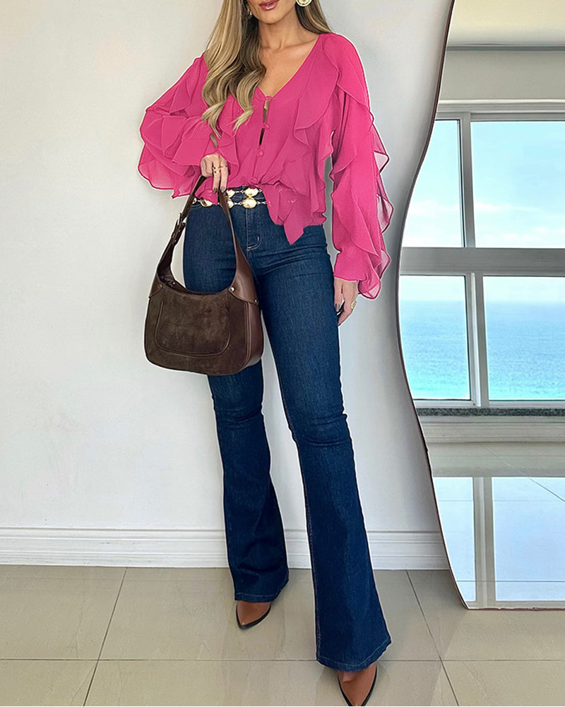 V Neck Shoulder Asymmetrical Ruffles Blouse Casual Button Front Long Sleeve Top