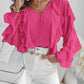 V Neck Shoulder Asymmetrical Ruffles Blouse Casual Button Front Long Sleeve Top