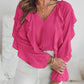 V Neck Shoulder Asymmetrical Ruffles Blouse Casual Button Front Long Sleeve Top