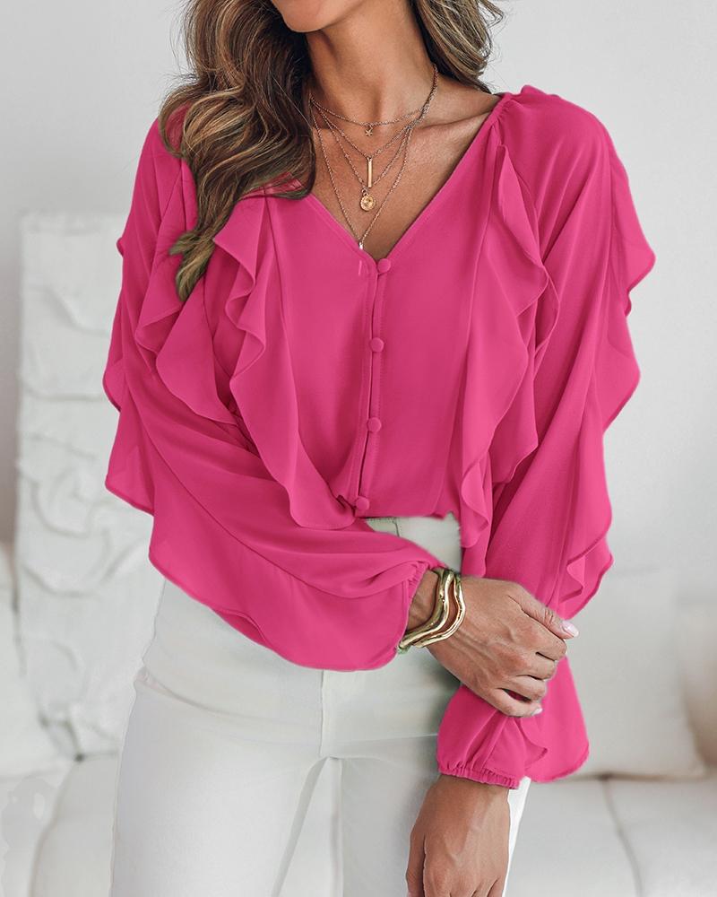 V Neck Shoulder Asymmetrical Ruffles Blouse Casual Button Front Long Sleeve Top