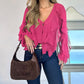 V Neck Shoulder Asymmetrical Ruffles Blouse Casual Button Front Long Sleeve Top