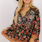 Black Plus Size Paisley Floral Print V Neck Bubble Sleeve Blouse