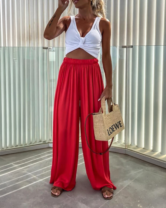 Ruched Elastic Waist Wide Leg Casual Pants