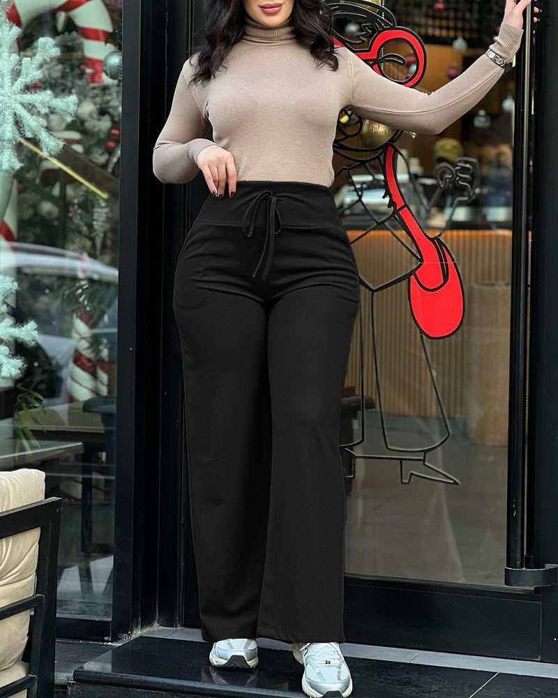 High Waist Drawstring Tied Detail Pants Casual Wide Leg Pants with Pockets