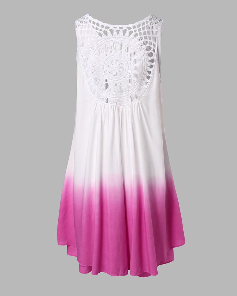 Gradient Tie Dye Print Hollow out Crochet Lace Summer Dress