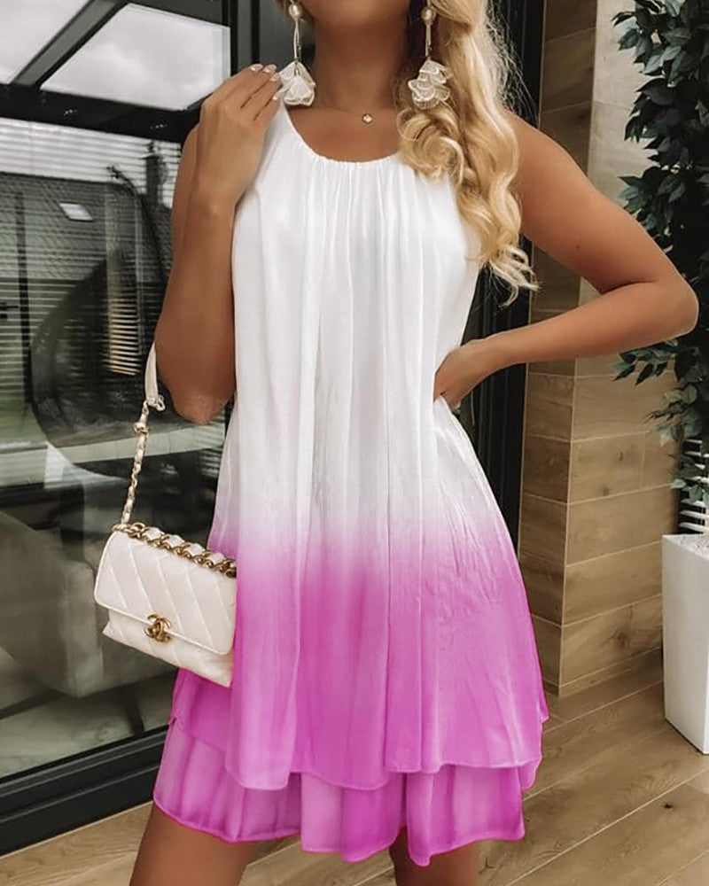 Gradient Tie Dye Print Hollow out Crochet Lace Summer Dress