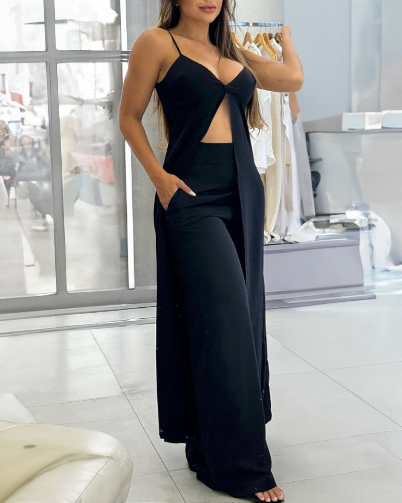 2 Pieces Outfit Spaghetti Strap V Neck Hollow out Long Tank and Casual Pocket Design Pants Set