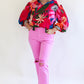Rose Blooming Flower Print Ruffled Puff Sleeve Blouse