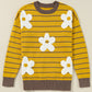 Yellow Stripe Daisy Floral Knitted Round Neck Sweater