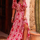 Red Paisley Print Side Slit Puff Sleeve High Waist Maxi Dress