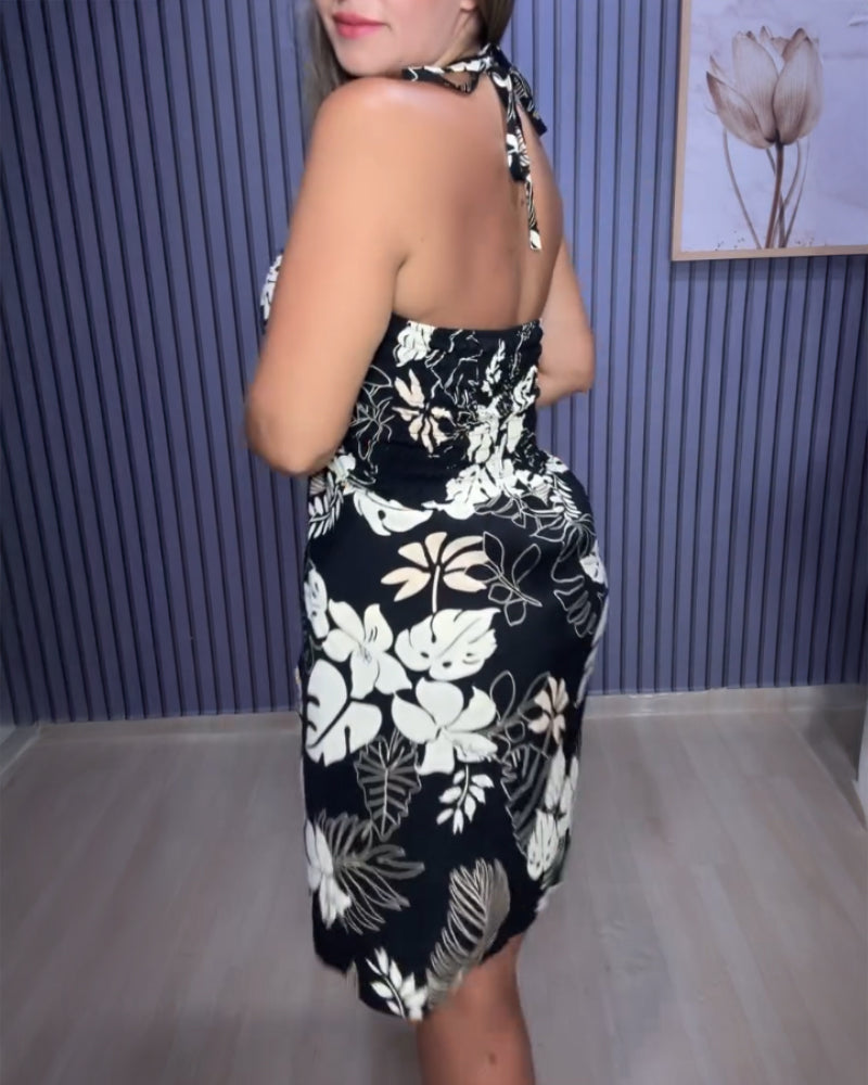 2 Pieces Outfit Tropical Plants Print Sexy Halter Front Slit Bandeau Top and Casual Shorts Set With Pocket