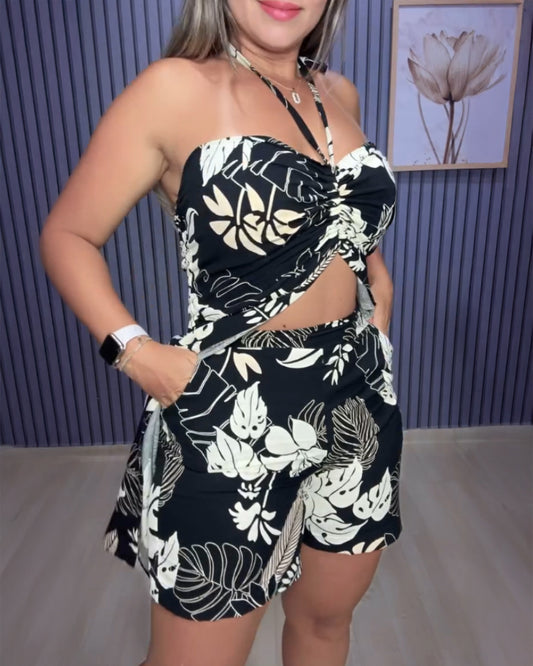 2 Pieces Outfit Tropical Plants Print Sexy Halter Front Slit Bandeau Top and Casual Shorts Set With Pocket