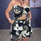 2 Pieces Outfit Tropical Plants Print Sexy Halter Front Slit Bandeau Top and Casual Shorts Set With Pocket
