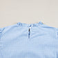Light Blue Gingham Floral Embroidered Puff Sleeve Blouse