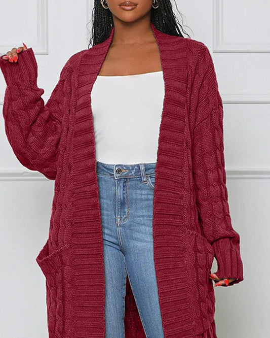 Long Sleeve Cable Knit Longline Cardigan Open Front Sweater with Pockets