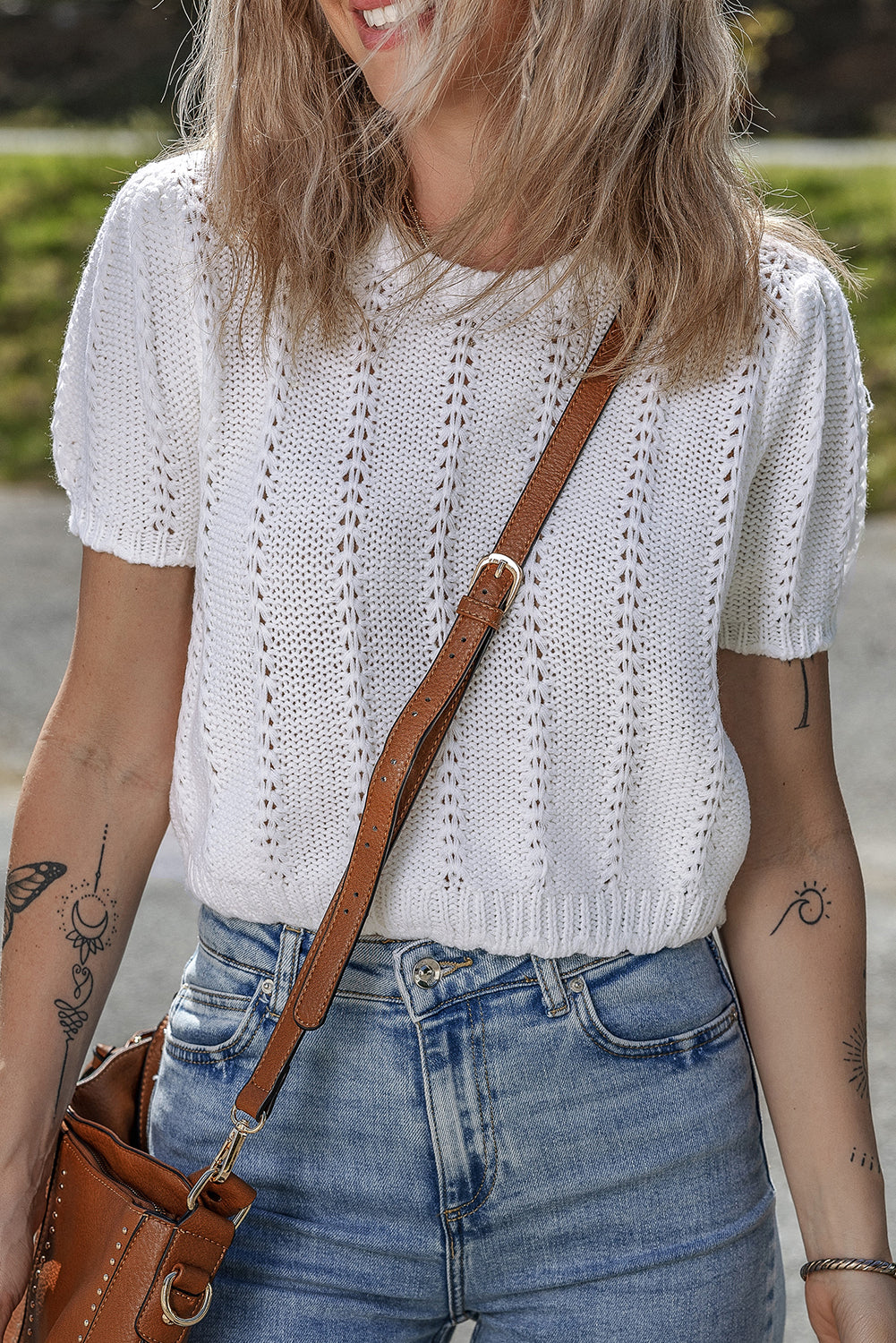 White Pointelle Knit Short Puff Sleeve Crewneck Sweater