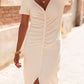 Beige V Neck Ruched Button Front French T-shirt Dress